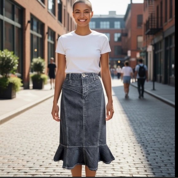 Vintage 1980 MOTTO black denim midi skirt trumpet flounce fit-n-flare women’s 12 - Picture 15 of 15
